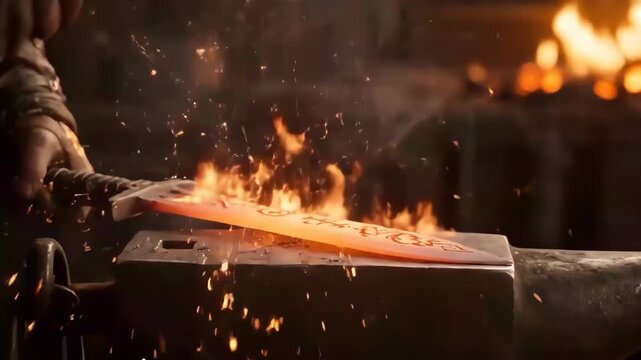 Blacksmith hammer sparks flying forging metal blade anvil warm forge workshop light intense