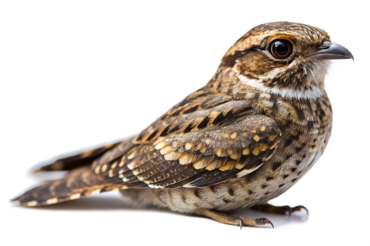 Small brown bird with speckled feathers isolated on transparent background