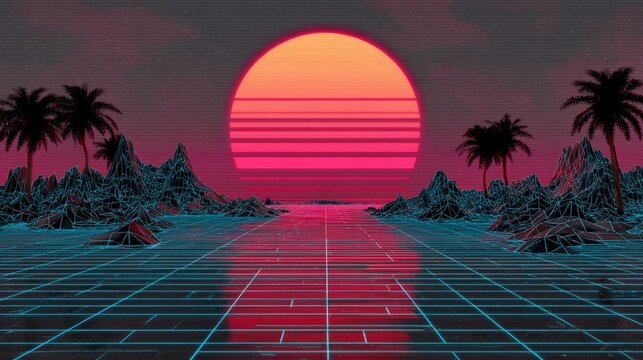 Retro Futuristic Landscape with Synthwave Sunset and Palm Trees, a Nostalgic Scene