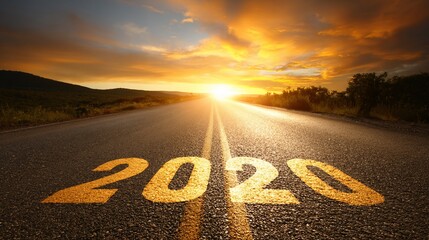 Road to 2020 concept with asphalt road leading to the sunset horizon with painted numbers 2020 on