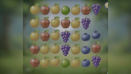 Woman playing cartoon fruit match three game with finger touch on screen. Smart casual fruit puzzle entertainment game. Video game. - Powered by Adobe