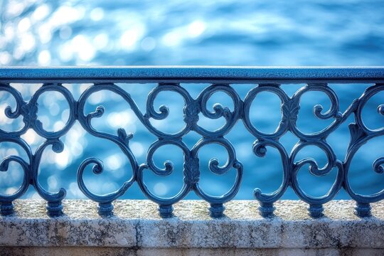 Ornate wrought-iron railing with intricate scrollwork, overlooking serene, sparkling blue ocean water. Sunlight creates beautiful bokeh reflections on the tranquil surface.