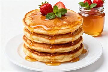 Delicate, fluffy, ruddy pancakes with honey and butter, decorated with strawberries and mint 