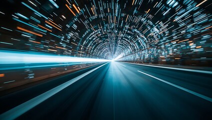 Abstract light trails in a futuristic tunnel at high speed