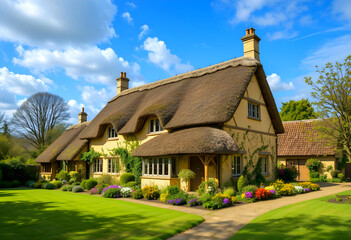 Fototapeta premium A lovely thatched-roofed country cottage in the springtime in the United Kingdom.