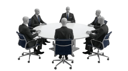 Six bald mannequins in suits seated around a white oval conference table isolated on a transparent background