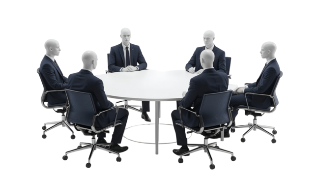 Six mannequins in suits seated around a white conference table isolated on a transparent background