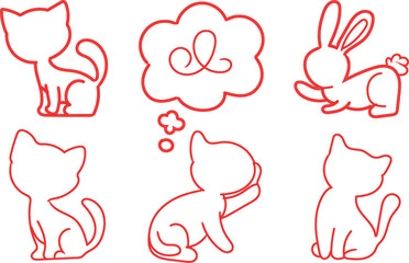 Cute Animals Red Outline Icons Set on White Background Illustration