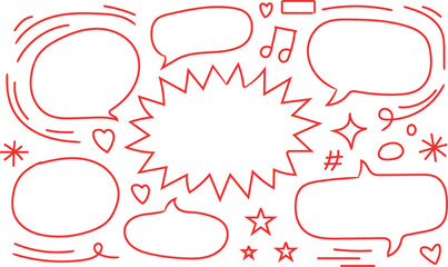 Doodle speech bubbles and shapes vector set red line art style
