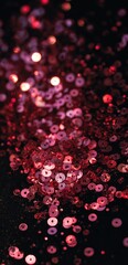 Close-up of vibrant red-pink sequins scattered on a dark background