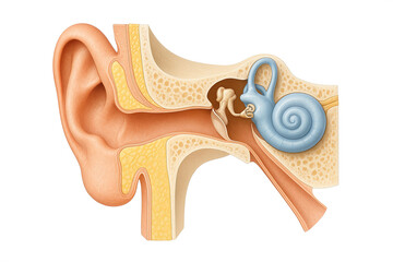 Anatomical illustration of the human ear showing outer, middle, and inner ear structures, including the cochlea and semicircular canals.