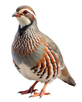 Colorful quail bird standing on ground with intricate feather patterns, isolated on transparent background