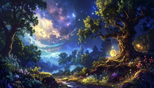 Magical Night Forest Landscape with Glowing Elements and a Starry Sky