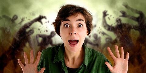 comically scared woman with rampaging zombies behind her