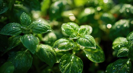 Close-up of vibrant basil leaves glistening with dew drops