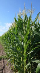 Row of vibrant green corn stalks reaching towards a clear blue sky