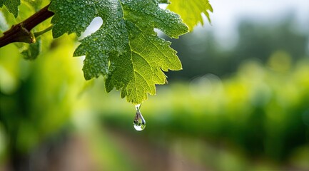 A single dewdrop hangs from a vibrant green grape leaf