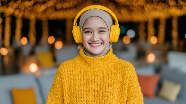 Smiling Woman with Headscarf and Yellow Headphones, Enjoying Music Indoors Near Bokeh Lights