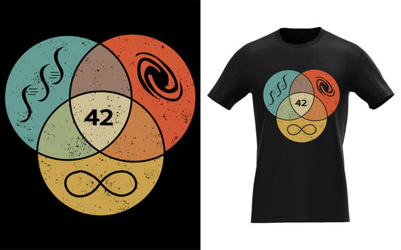Retro venn diagram with number 42 and symbols for infinity dna and galaxy on t shirt