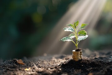 Small green plant sprouting from a stack of gold coins in dark soil, bathed in sunlight