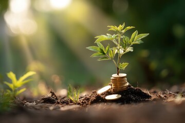 Small plant growing from a stack of gold coins in soil.  Sunlight streams through the background