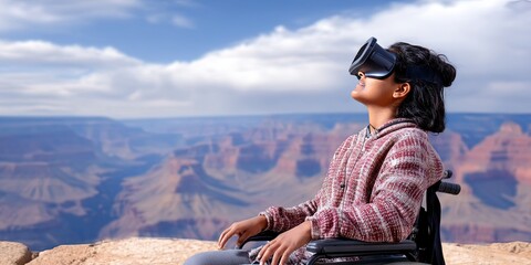 photo of woman in wheelchair wearing vr headset. She is at the grand canyon