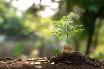 A small plant growing from soil, with coins as a base, bathed in sunlight