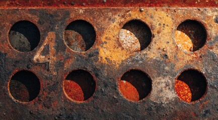 Oxidized metal plate with circular holes.  Rustic, aged texture