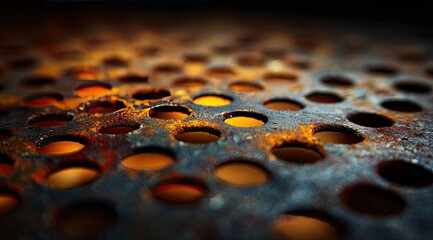 Close-up of a rusty metal grate, with circular holes.  Warm orange light shines through