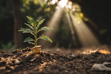 A small seedling sprouts from a stack of coins in dark rich soil, bathed in golden sunlight filtering through trees