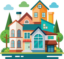 Colorful Cartoon Houses and Trees on White Background