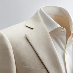 Beige linen suit jacket and crisp white shirt collar detail
