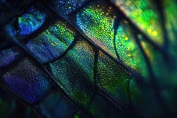 Obraz premium Macro shot revealing intricate, iridescent scales with a stunning gradient of shimmering blue and green, showcasing nature's vibrant beauty.
