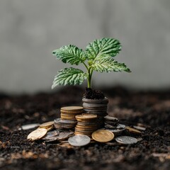 A small green plant sprouts from a stack of coins nestled in dark soil