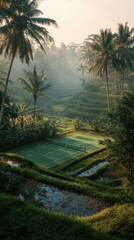 Lush terraced rice paddies with a tennis court nestled within. Misty morning light filters through palm trees