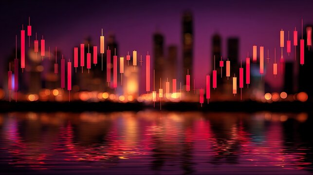 Stock market reflection in city waterfront at night representing financial trends