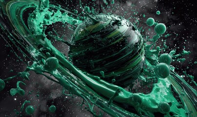 Vibrant green liquid surrounds a swirling, dark sphere, resembling a planet with rings, in a cosmic backdrop