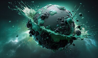 Abstract sphere, teal and gray, with paint splashes in space