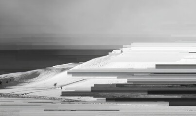 Wide, monochrome view of snowy coastal landscape, distorted with glitch art