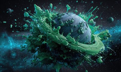 Cosmic planet, vibrant green paint splatters