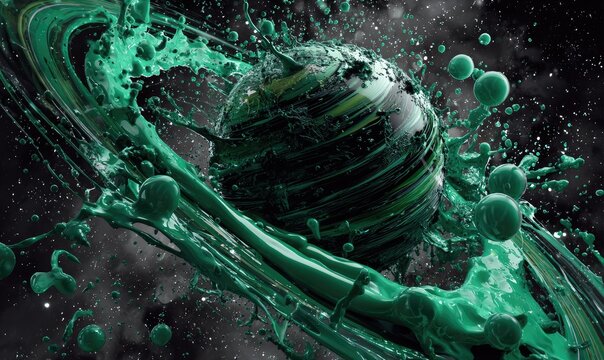 Vibrant green liquid surrounds a swirling, dark sphere, resembling a planet with rings, in a cosmic backdrop - Powered by Adobe