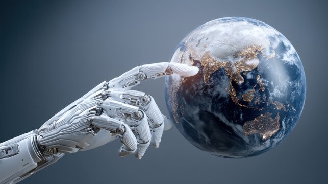 Futuristic robotic hand reaching to touch glowing Earth globe with intricate details of continents and cities illuminated in a digital representation