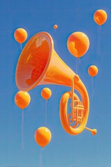 Bright orange French horn floats amidst a cluster of orange balloons against a vibrant blue sky