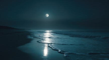 Moonlit beach scene at night. Ocean waves gently lap the shore under a full moon. Dark, tranquil atmosphere