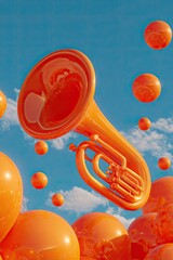 Vibrant orange tuba floats amidst a field of floating orange orbs against a vibrant blue sky