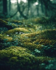 Forest floor covered in moss and small wildflowers