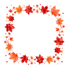 Square frame of red and orange maple leaves and berries isolated on a transparent background