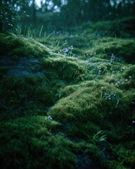 Lush mossy ground, tiny wildflowers