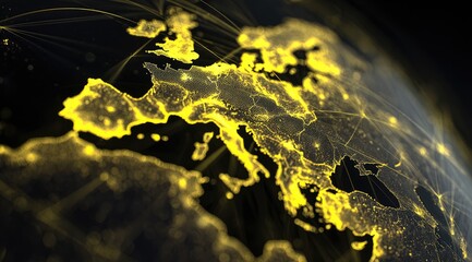 European continent highlighted on a globe, illuminated with glowing yellow lines and dots