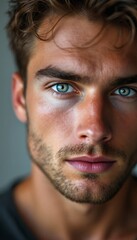 Obraz premium Close-up portrait of a young man with blue eyes and natural light, cinematic style